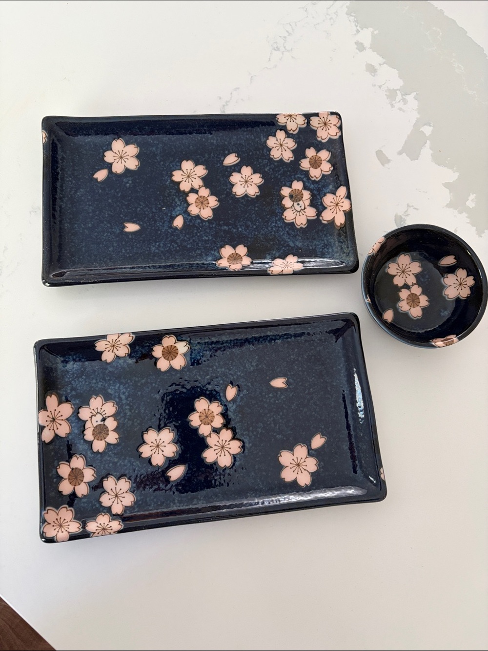 Dark Blue Sakura Ceramic Serving Set - Floral Home Art for Sushi Night